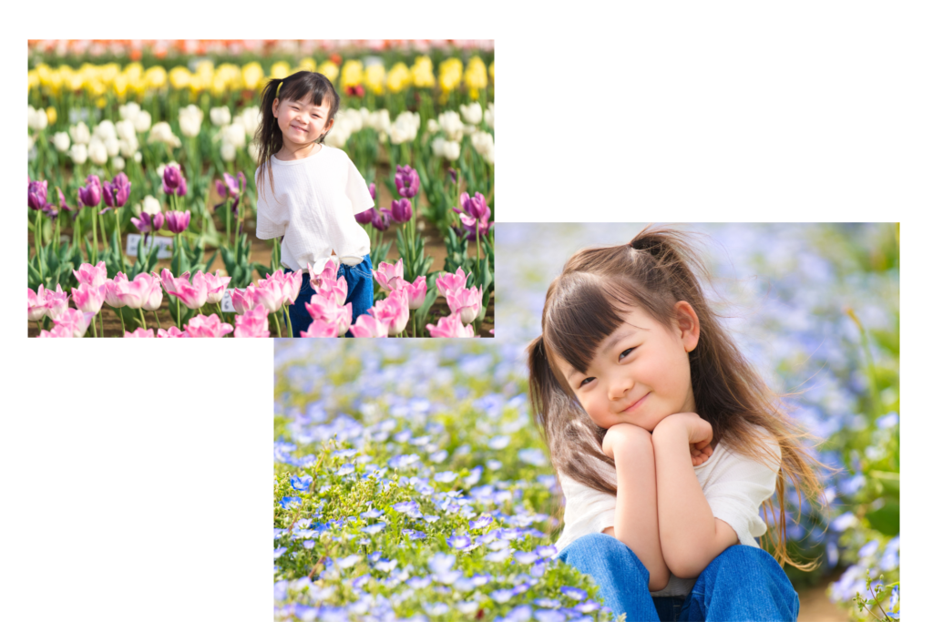 千葉の出張撮影「ジョイスタジオ（Joystudio）」による、季節の花々に囲まれたロケーションで撮影した子どもの自然な表情ポートレート