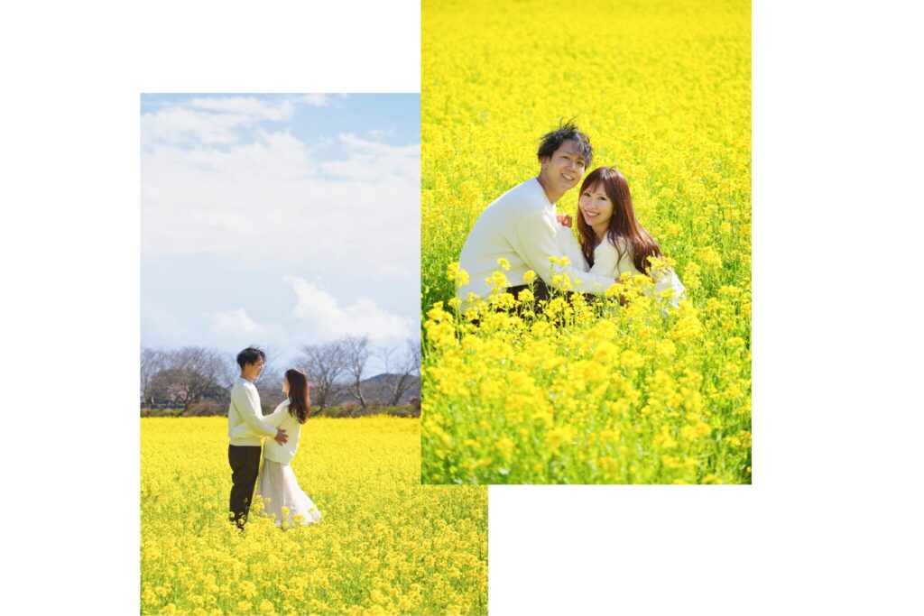 千葉の出張撮影『ジョイスタジオ（Joystudio）』が、季節の花々に囲まれたロケーションで撮影したカップルの自然な表情フォト